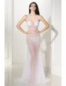 Charming See-through Long Tulle V-neck Prom Dress with Beading