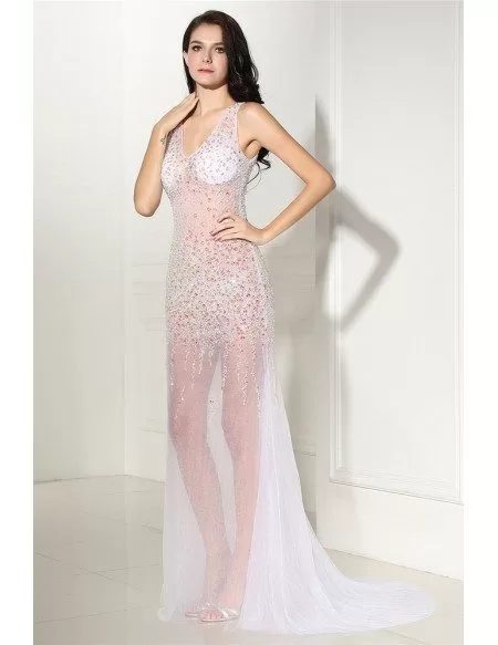 Charming See-through Long Tulle V-neck Prom Dress with Beading #LG0298 ...
