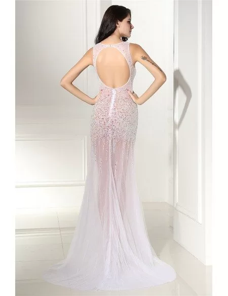 Charming See-through Long Tulle V-neck Prom Dress with Beading