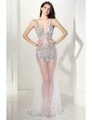 Shinning Beading Fitted V-neck Sexy Prom Dress Open Back