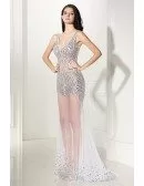 Shinning Beading Fitted V-neck Sexy Prom Dress Open Back