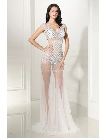 Beaded Cap Sleeve Sexy See-through White Tulle Prom Dress