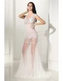 Beaded Cap Sleeve Sexy See-through White Tulle Prom Dress