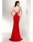 Beaded Long Halter Red Sleek Prom Formal Gown Sweep Train