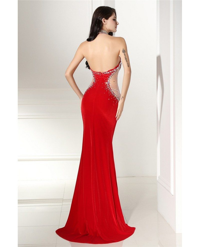 Beaded Long Halter Red Sleek Prom Formal Gown Sweep Train #LG0303 ...