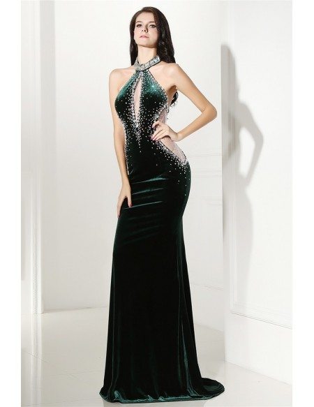 Beaded Long Halter Red Sleek Prom Formal Gown Sweep Train