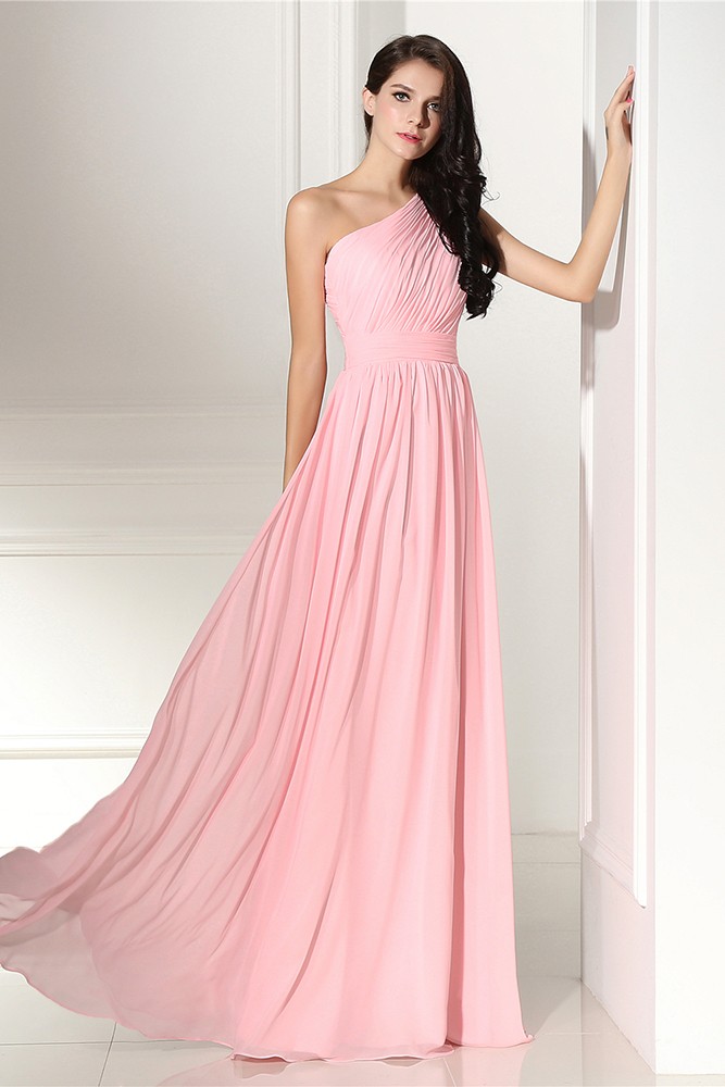 Simple Elegant Pleated One Shoulder Pink Formal Dress LG0304