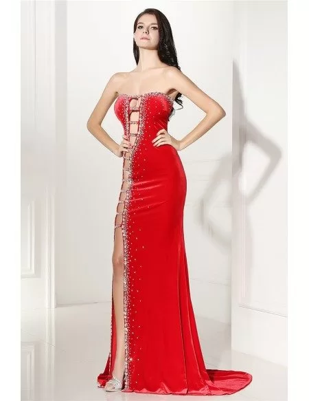 Sexy Cut-out Fitted Mermaid Red Prom Dress with Slit