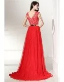 V-neck Lace and Tulle Long Formal Prom Dress with Belt