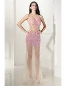 Pink Beading with White Long Tulle Sexy Prom Dress