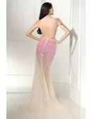 Pink Beading with White Long Tulle Sexy Prom Dress