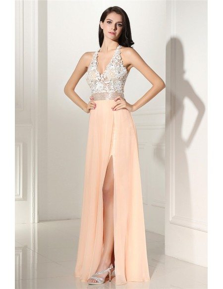 Sleeveless Lace V-neck Slit Coral Chiffon Prom Dress