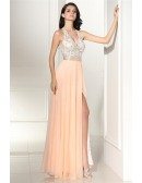 Sleeveless Lace V-neck Slit Coral Chiffon Prom Dress