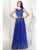 Royal Blue Embroidery on Tulle Long Prom Dress