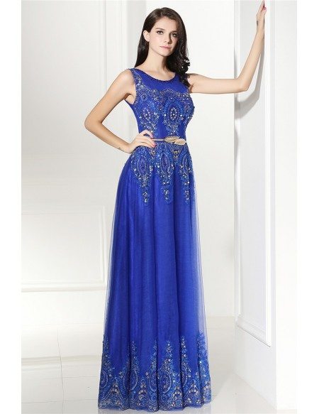 Royal Blue Embroidery on Tulle Long Prom Dress