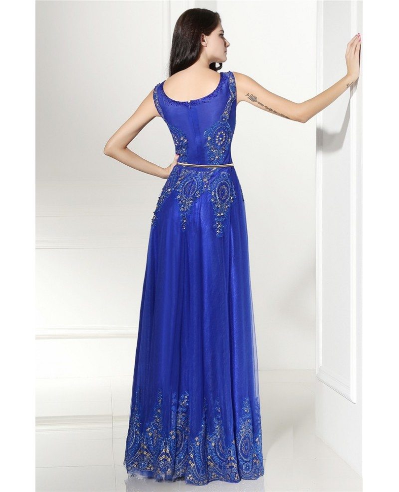 Royal Blue Embroidery on Tulle Long Prom Dress #LG0311 - GemGrace.com