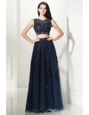 Two Piece Navy Blue Lace Long Tulle Prom Dress