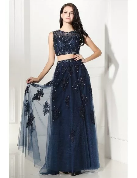 Two Piece Navy Blue Lace Long Tulle Prom Dress #LG0312 - GemGrace.com