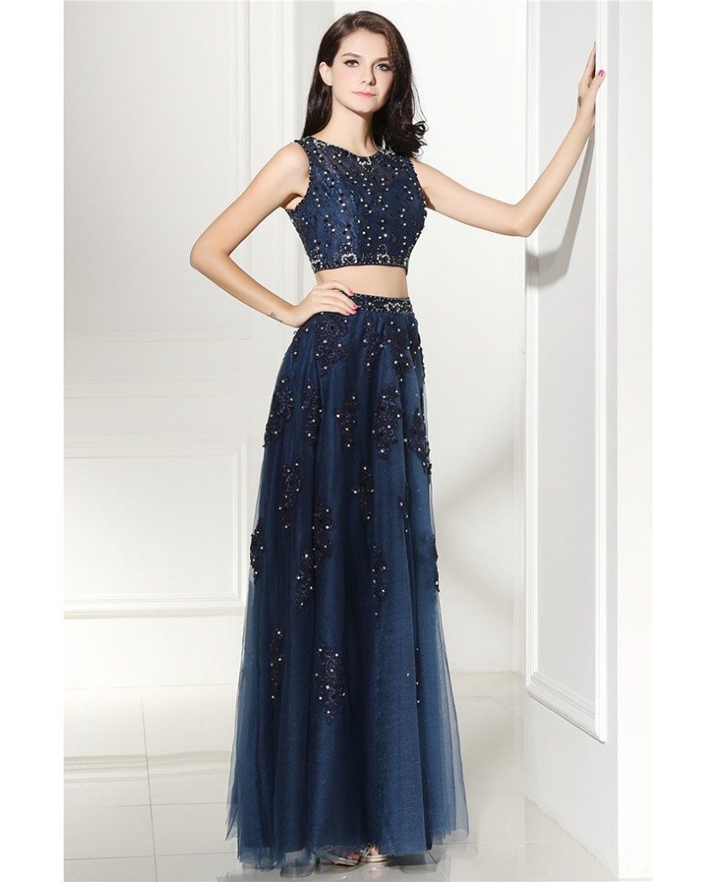 Two Piece Navy Blue Lace Long Tulle Prom Dress Lg0312