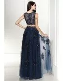 Two Piece Navy Blue Lace Long Tulle Prom Dress