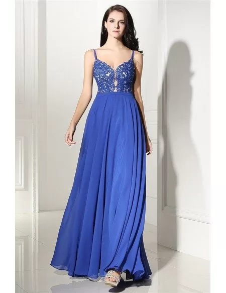 Classy Lace Empire Line Blue Chiffon Prom Dress