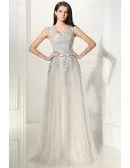 Special Grey Lace Tulle Long Prom Dress
