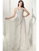 Special Grey Lace Tulle Long Prom Dress