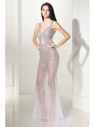 Sexy Full Beaded Tulle See-through Prom Dress