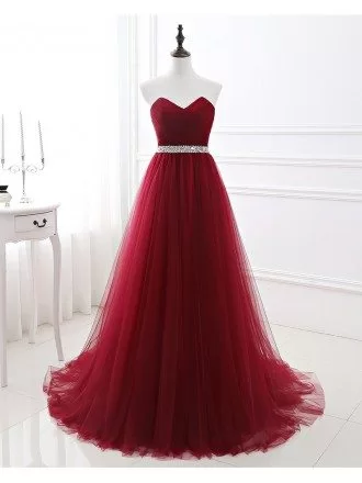 Formal Long Tulle Prom Dress with Beaded Waist