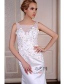 Mermaid Scoop Neck Sweep Train Satin Wedding Dress With Beading Appliquer Lace Flowers