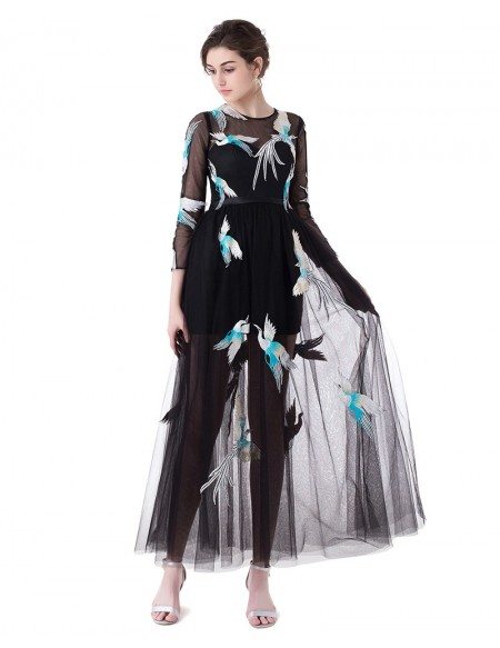 See-through Tulle Prom Dress with Birds Pattern