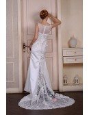 Mermaid Scoop Neck Sweep Train Satin Wedding Dress With Beading Appliquer Lace Flowers