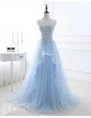 Blue Beaded Lace and Tulle Long Formal Dress