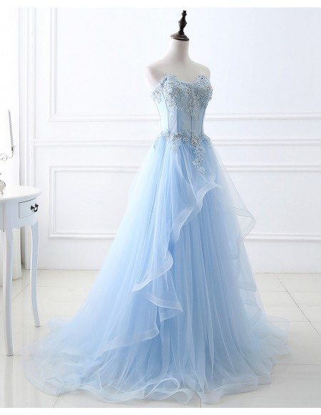 Blue Beaded Lace and Tulle Long Formal Dress