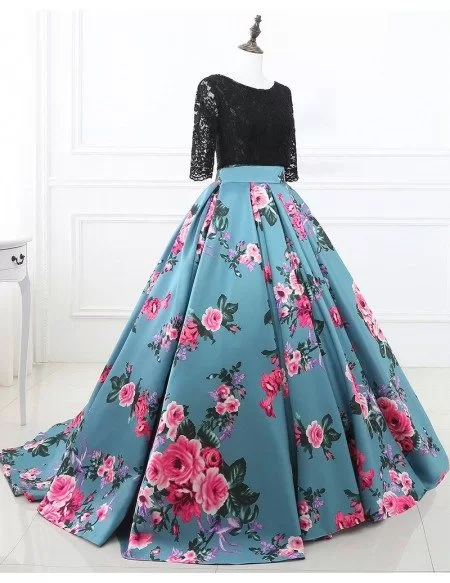 Two Piece Black Lace and Floral Prom Dress Half Sleeves
