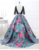 Two Piece Black Lace and Floral Prom Dress Half Sleeves