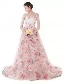Floral Long Train Length Sleeveless Formal Party Dress