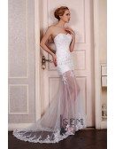 Sheath Sweetheart Sweep Train Tulle Wedding Dress With Beading Appliquer Lace