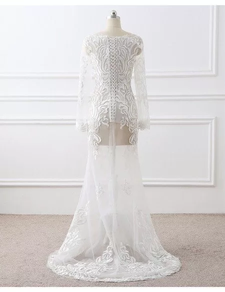 Sexy See-through Embroidery Long Sleeve White Formal Dress