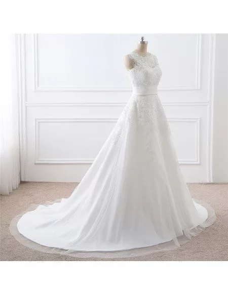 Lace and Tulle Sleeveless White Wedding Dress Two Wearing Styles