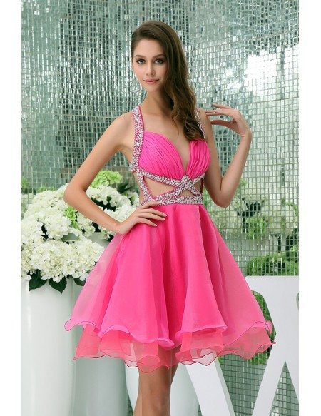 A-line V-neck Short Tulle Prom Dress With Beading