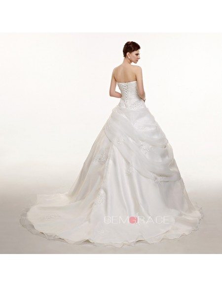 Sweetheart Beaded Lace Organza Corset Wedding Dress with Train