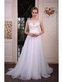 A-Line Scoop Neck Court Train Organza Wedding Dress With Beading Appliquer Lace