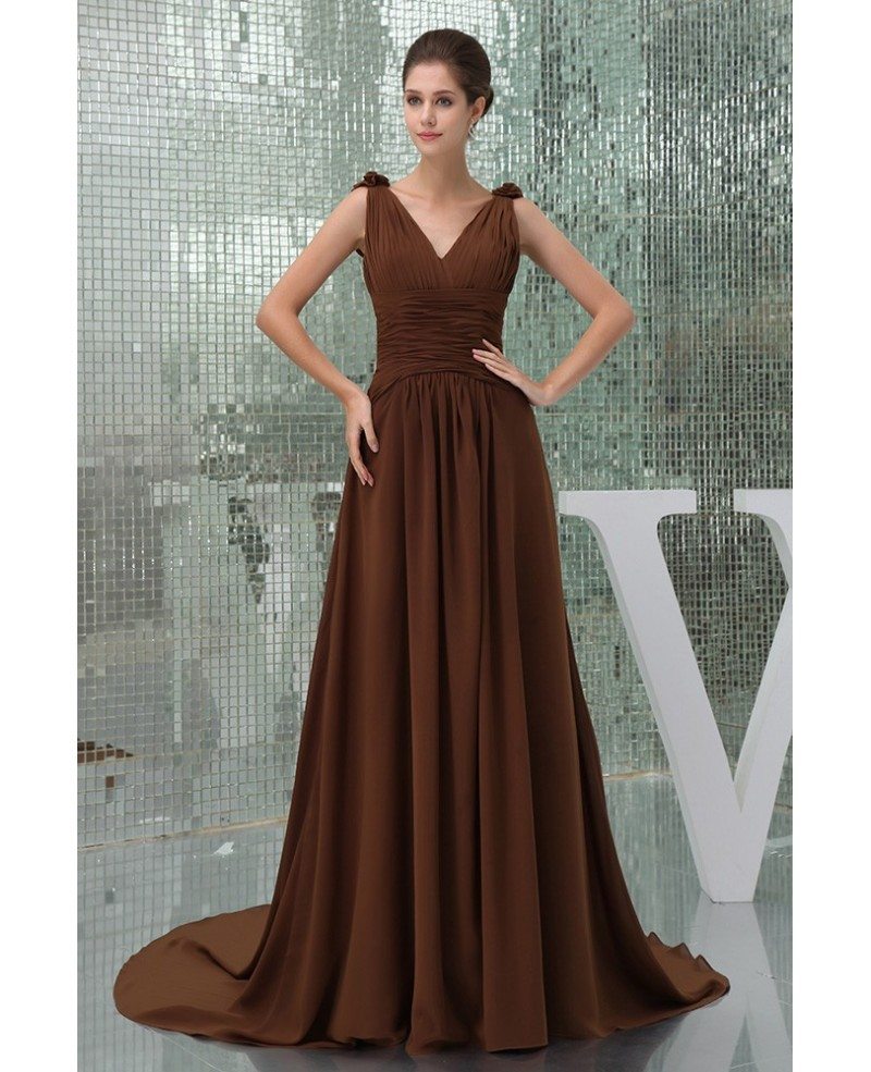 A-line V-neck Court Train Chiffon Evening Dress #OP5076 $155.6 ...