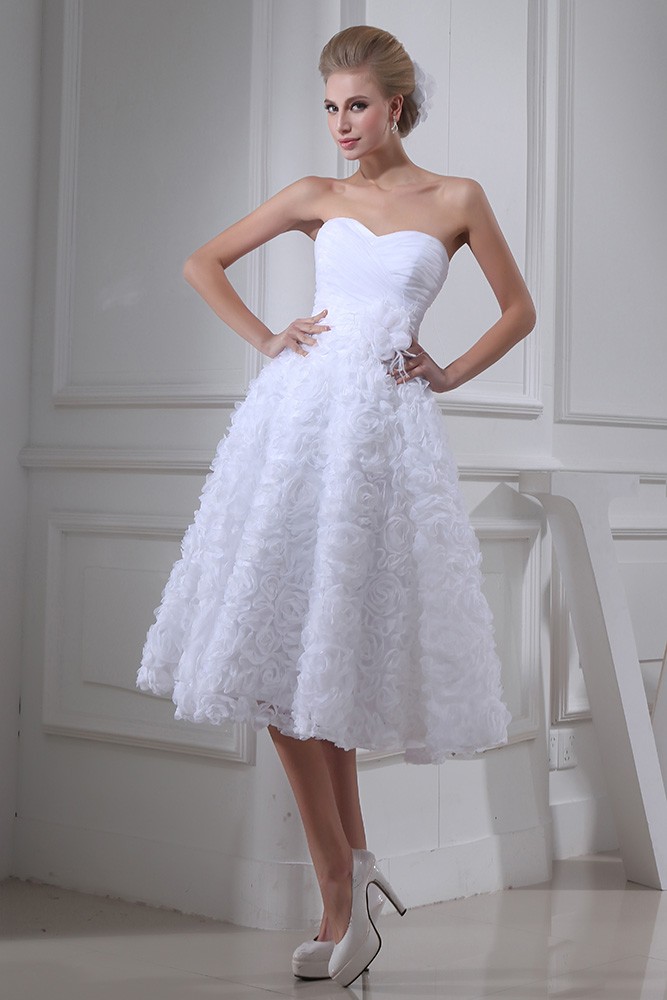 Strapless Tea Length Wedding Dresses A Line Tulle Style With Flowers # ...