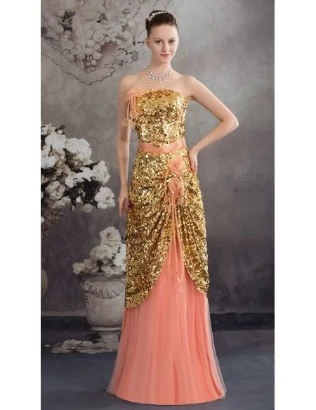 A-line Strapless Floor-length Chiffon Sequined Satin Prom Dress