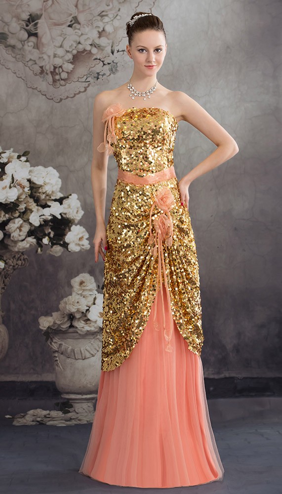 Chic Sequined Floor Length Strapless A-line Prom Dress with Front Slit