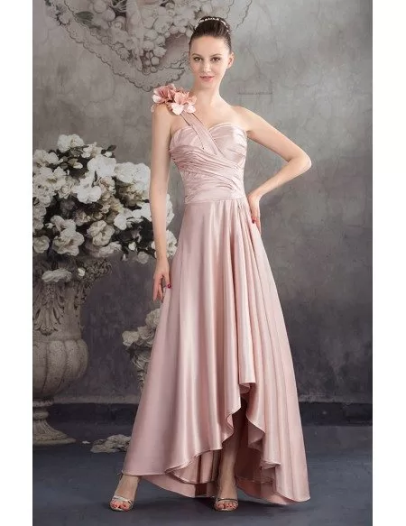 A-line One-shoulder Asymmetrical Satin Bridesmaid Dress With Flowers