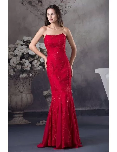Mermaid Strapless Floor-length Satin Lace Evening Dress #OP4576 $164.3 ...