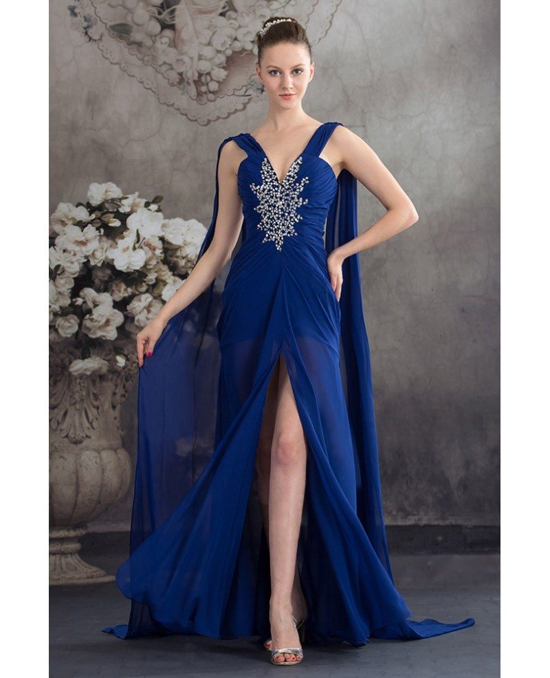 A Line V Neck Floor Length Chiffon Prom Dress With Beading Op4578 155